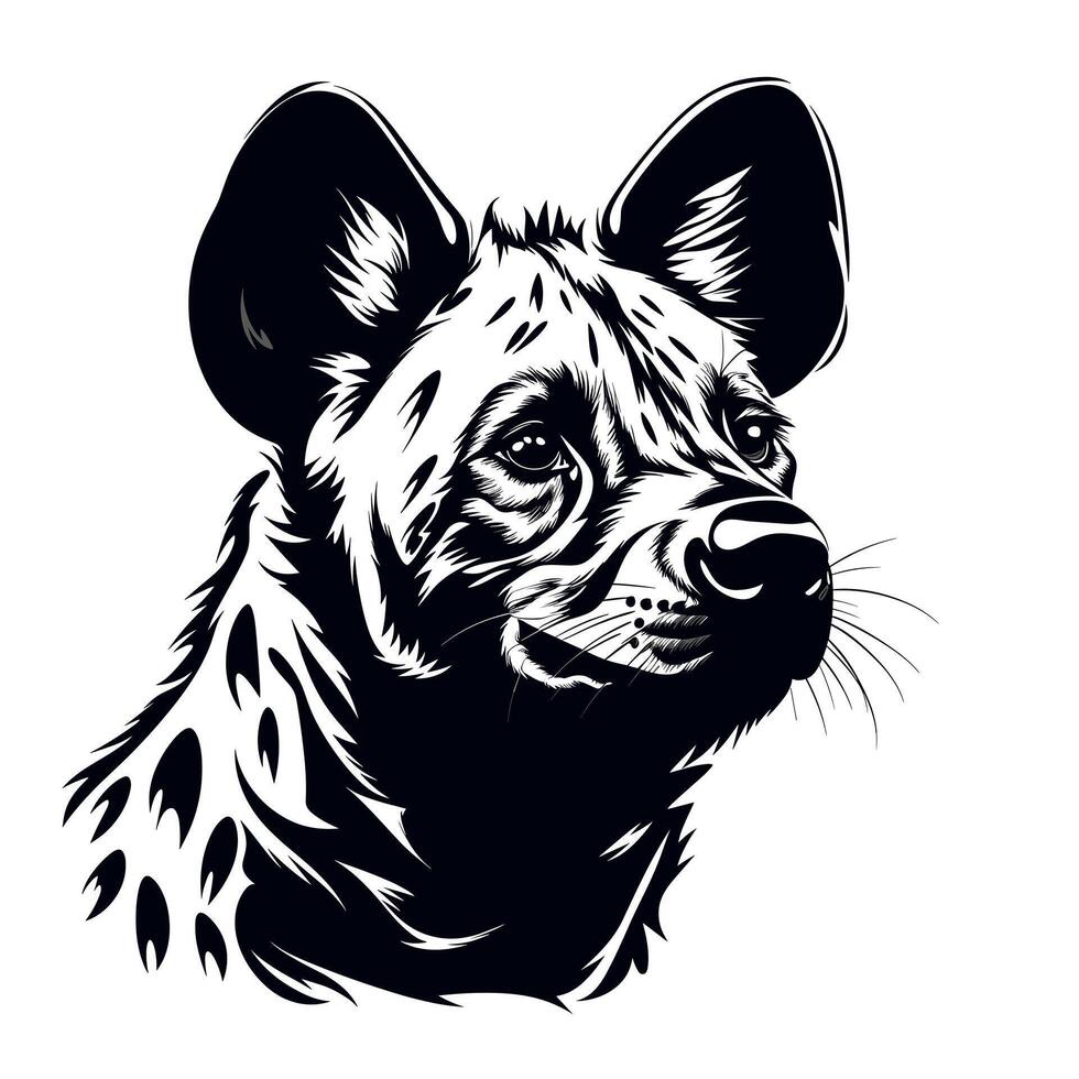 Hyena portrait showcasing unique features and expressive gaze in black and white illustration vector