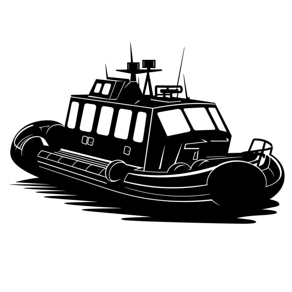 Black silhouette of a rescue boat navigating calm waters under clear skies vector