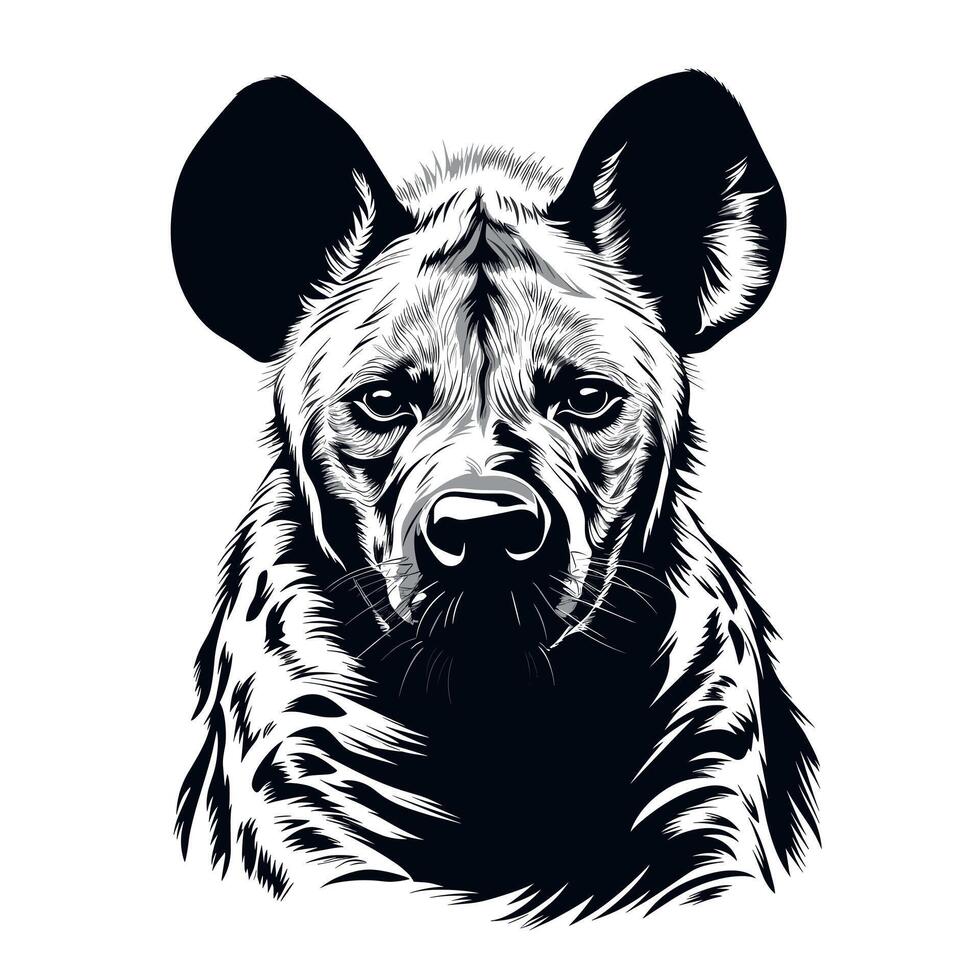 Detailed black and white illustration of a hyena showcasing its distinctive features vector