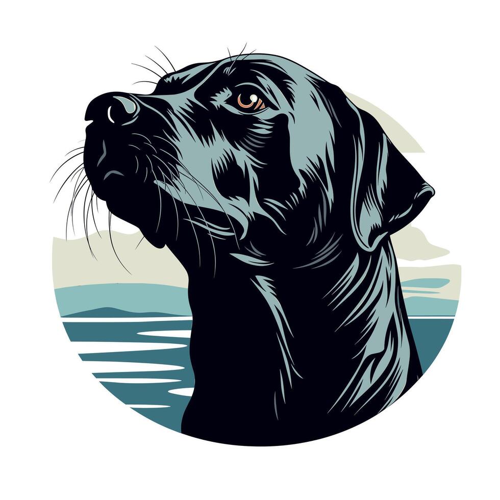 Black dog portrait by the water with a scenic background and soft lighting vector