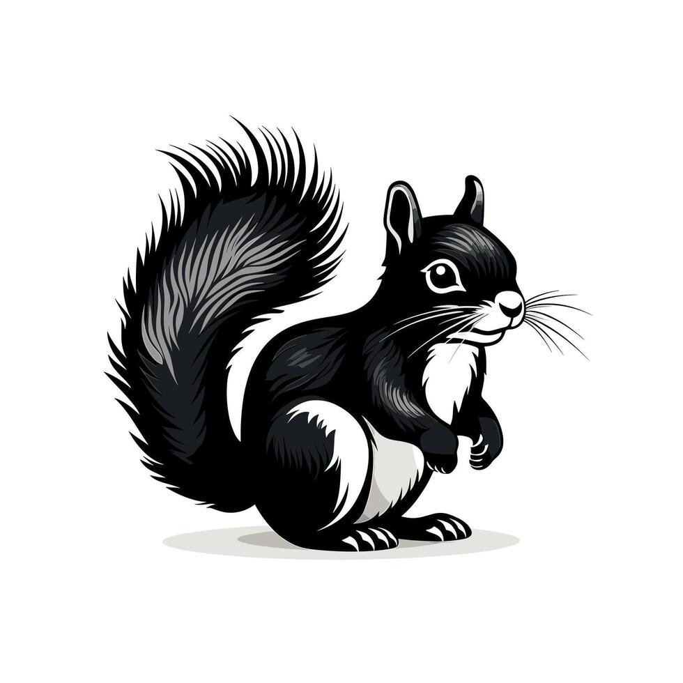 Black and white cartoon squirrel standing on its hind legs with a bushy tail vector