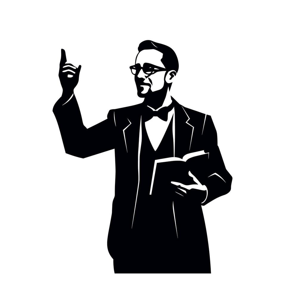 Scholar presenting insights in formal attire during a lecture at an academic event vector
