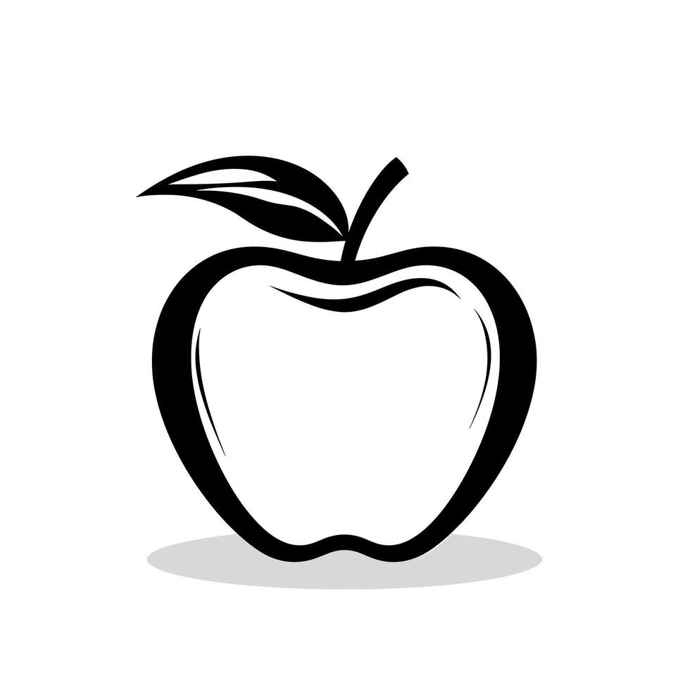 Simple black and white apple illustration with leaf design on a light background vector