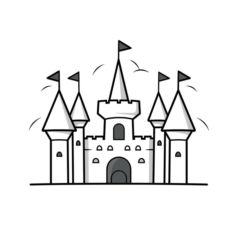 Creative drawing of a whimsical castle with multiple towers and flags vector
