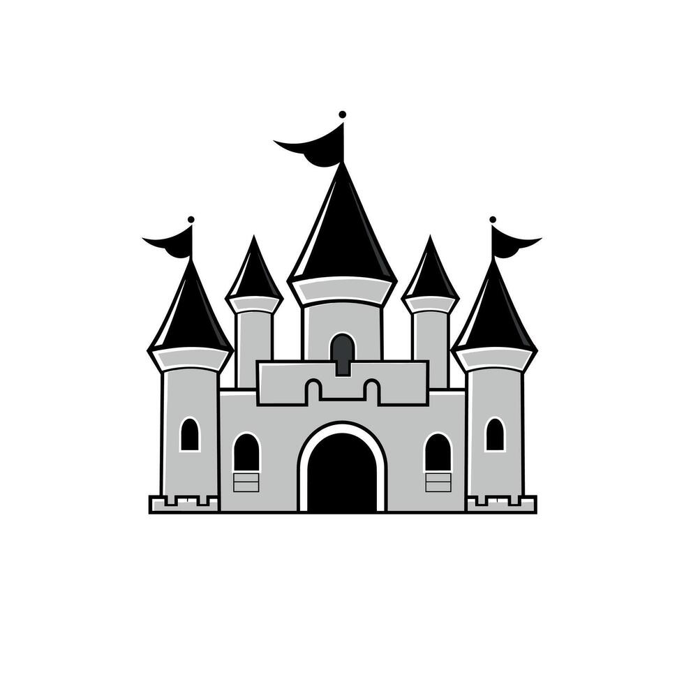 Majestic castle with dark towers and flags set against a plain background vector
