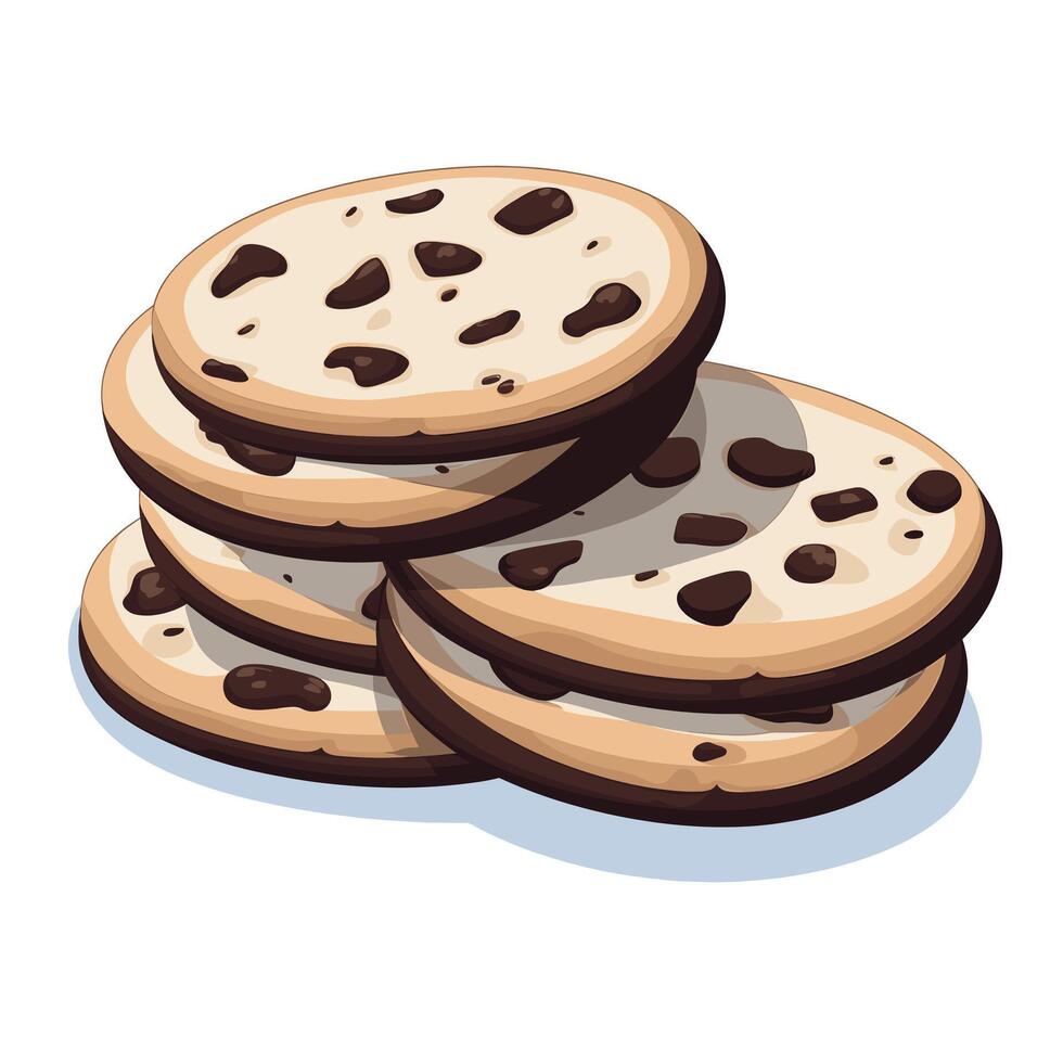 Delicious cookies stacked together with chocolate chips on a white background vector