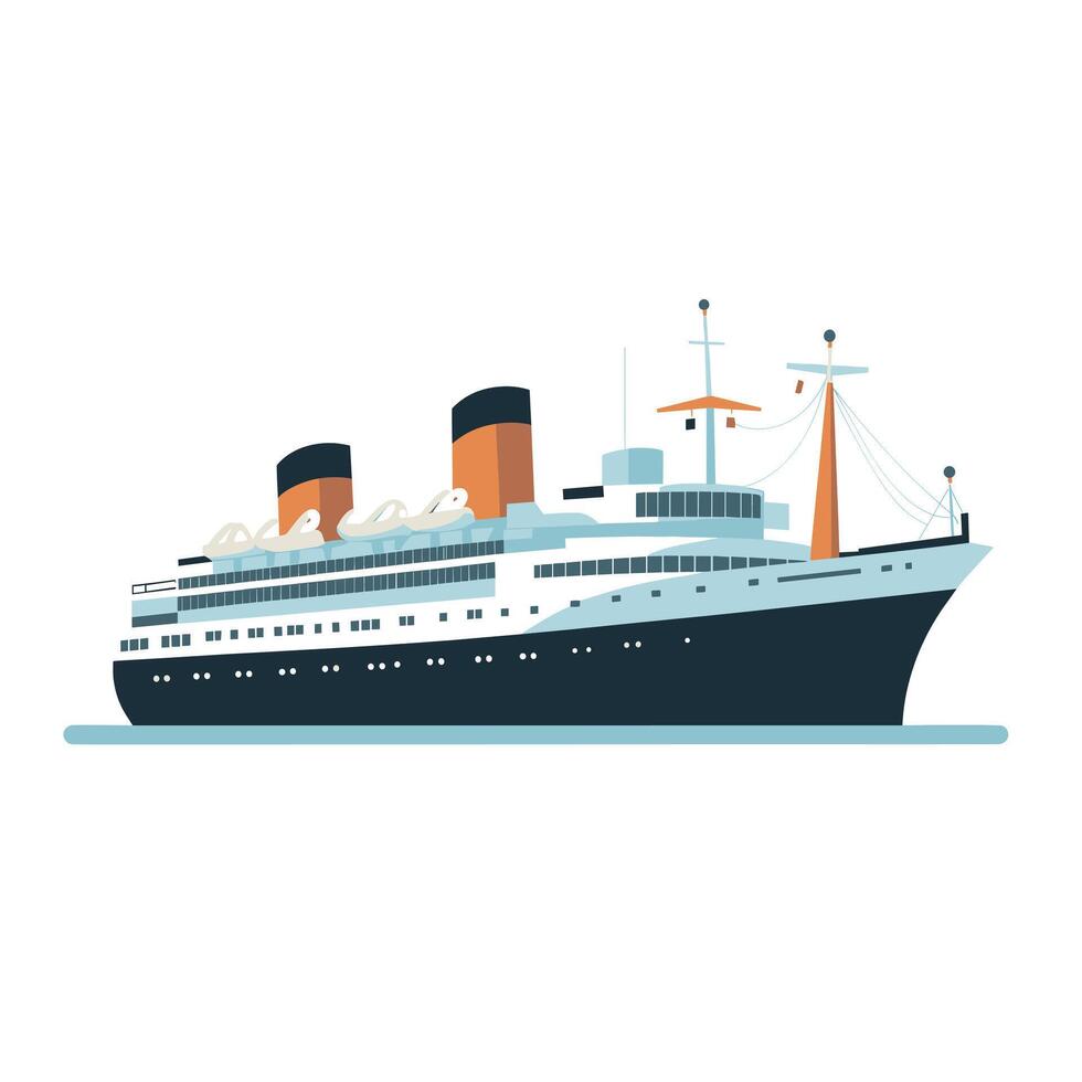 Vintage ocean liner sails through calm waters under clear sky during sunset vector