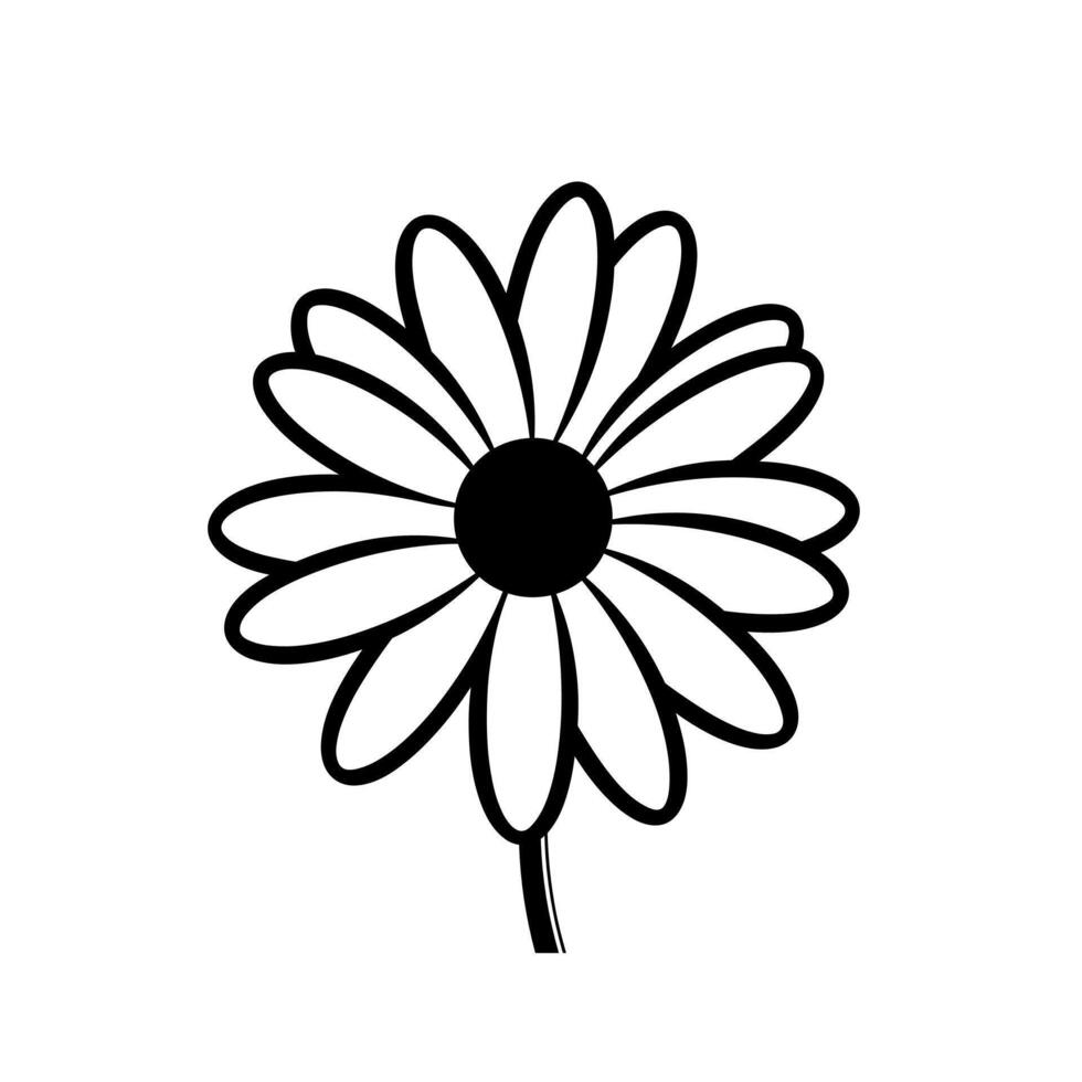 Simple black and white illustration of a daisy flower with detailed petals and stem vector