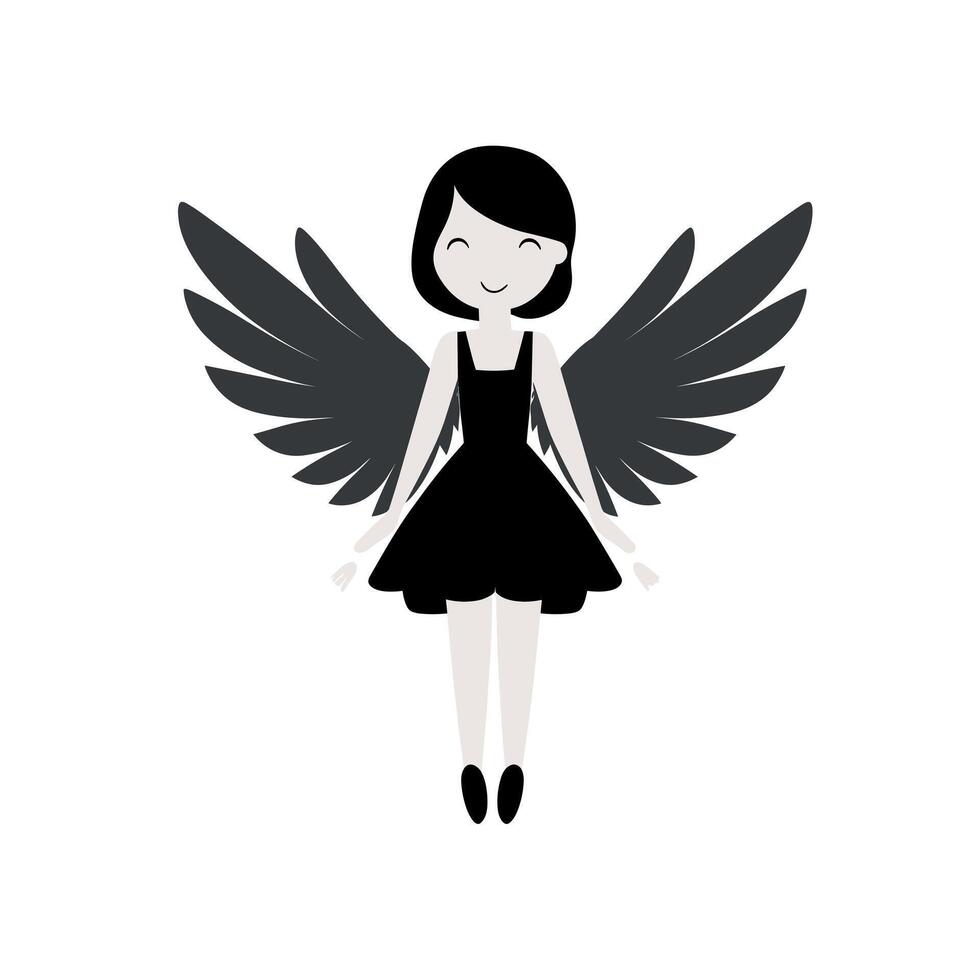 Charming cartoon girl with black wings and cheerful expression showcased in vibrant design vector