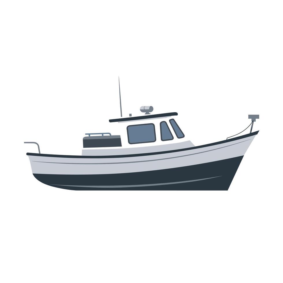 Fishing boat docked at harbor during daylight, showcasing marine craftsmanship and design vector