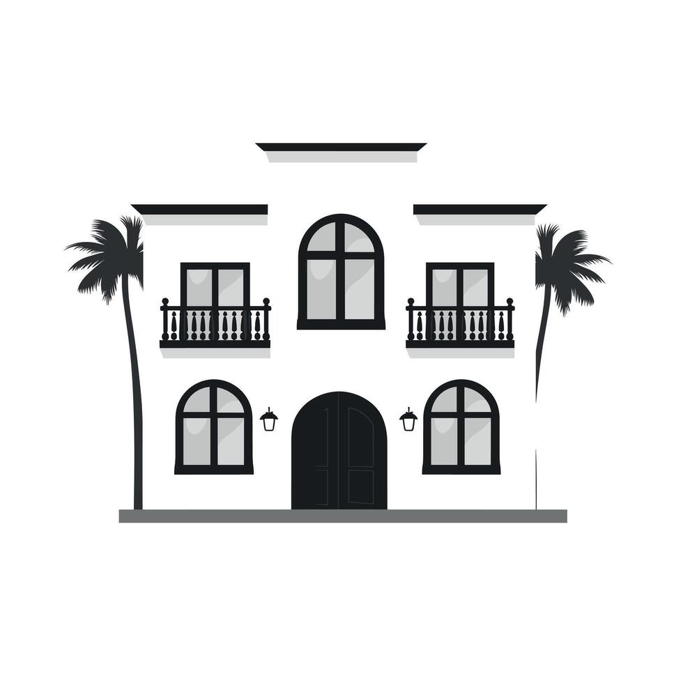 Elegant white building with large windows and palm trees in a tropical setting vector