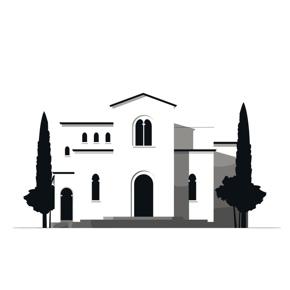 Elegant white building with cypress trees in front during clear daylight vector