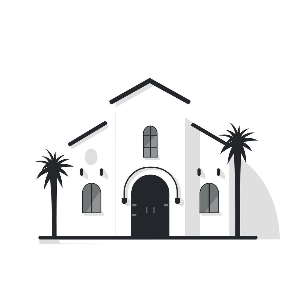 Charming white building with palm trees in sunny outdoor setting vector