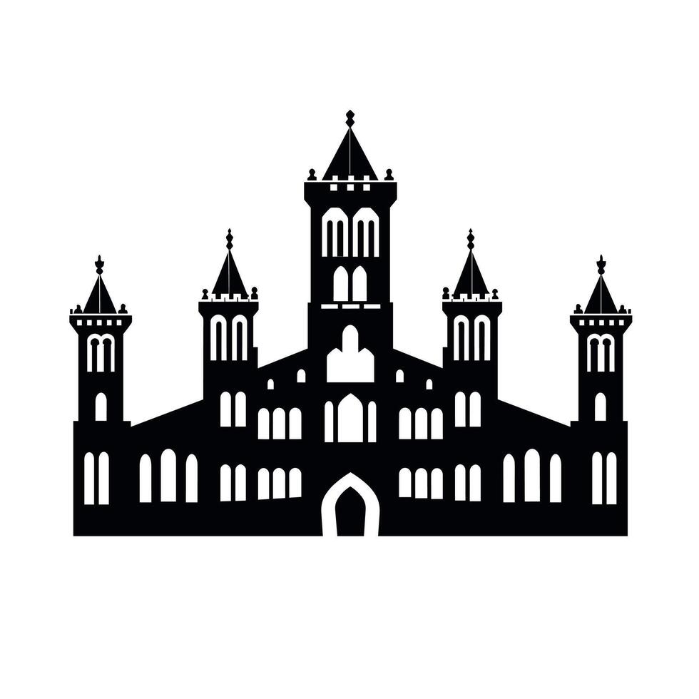 Silhouette of a grand castle with towers and arches against a plain background vector