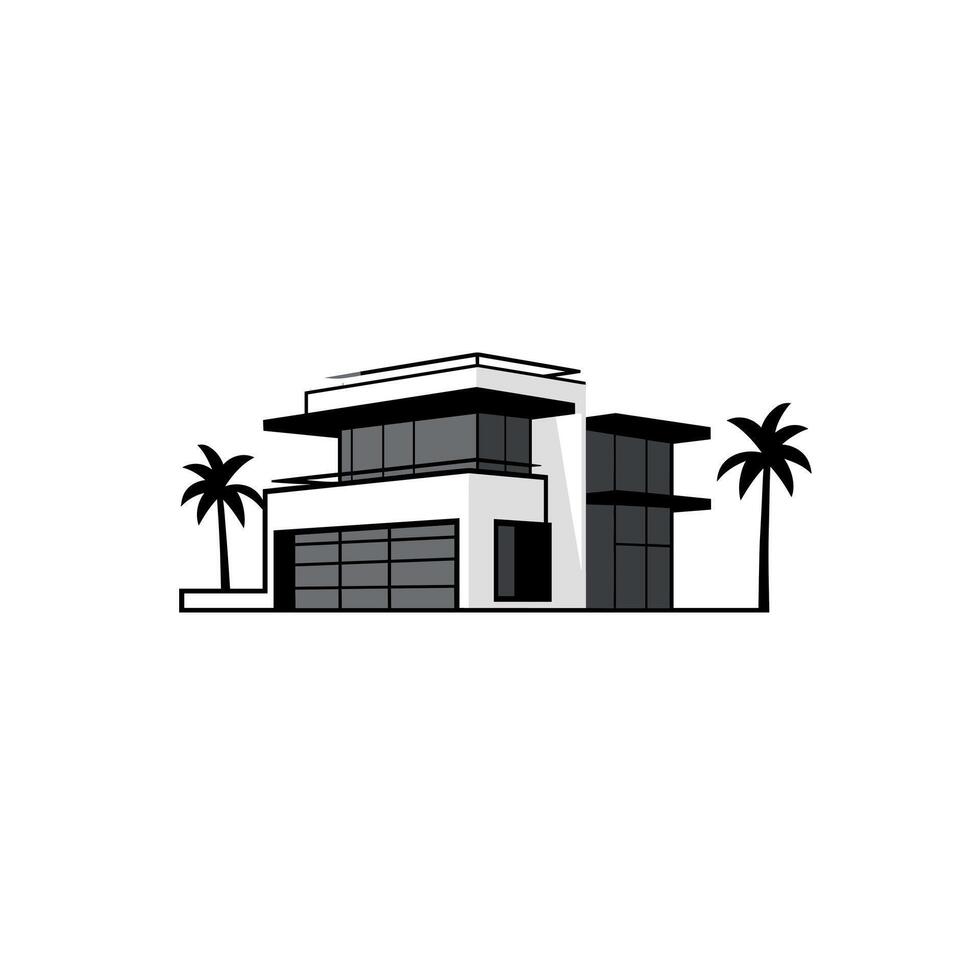 Modern architectural design of a residential house surrounded by palm trees vector