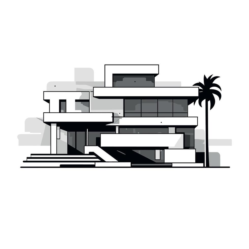Modern architectural design featuring a minimalist house located in a sunny environment vector