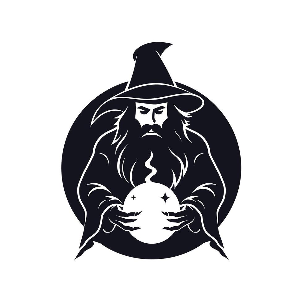Mysterious wizard holding a crystal ball in a mystical pose vector