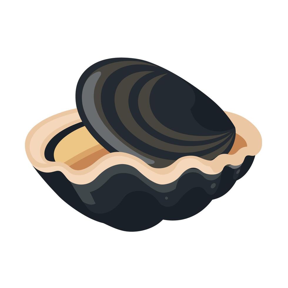 Open black clam shell revealing golden interior in underwater setting vector