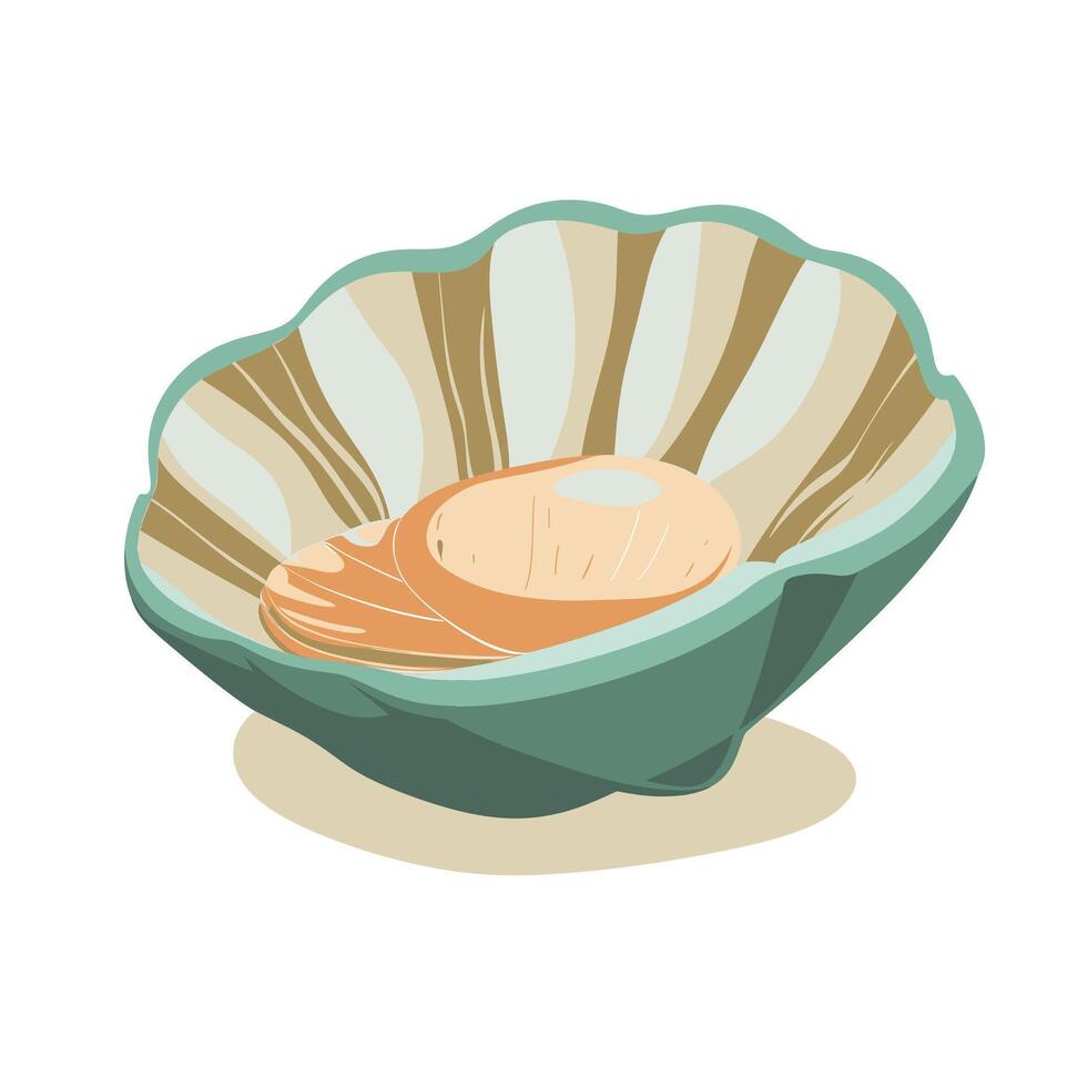 Elegant seafood dish served in a decorative shell-shaped bowl with a soft egg vector