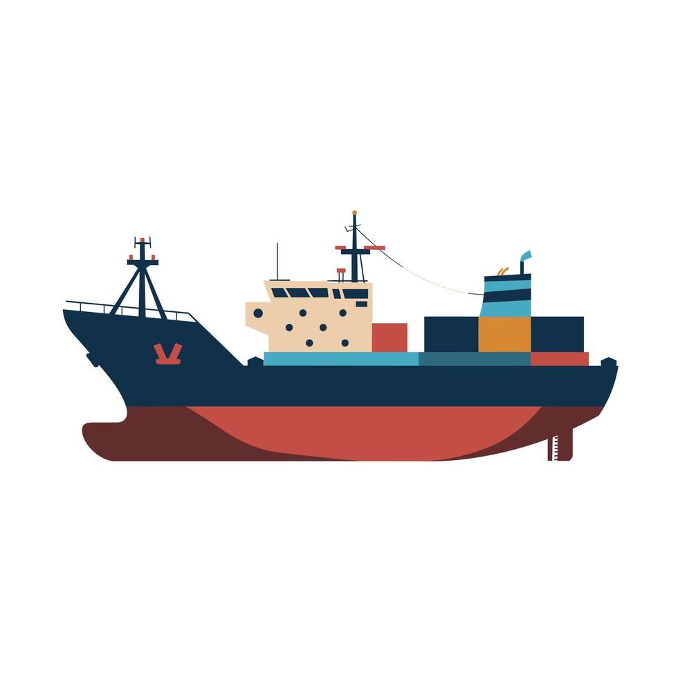 Cargo ship docked at harbor with colorful containers and bright blue sky vector