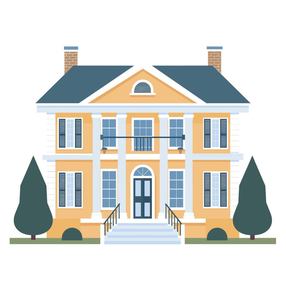Elegant two-story house with classic architecture and symmetrical design in a serene setting vector