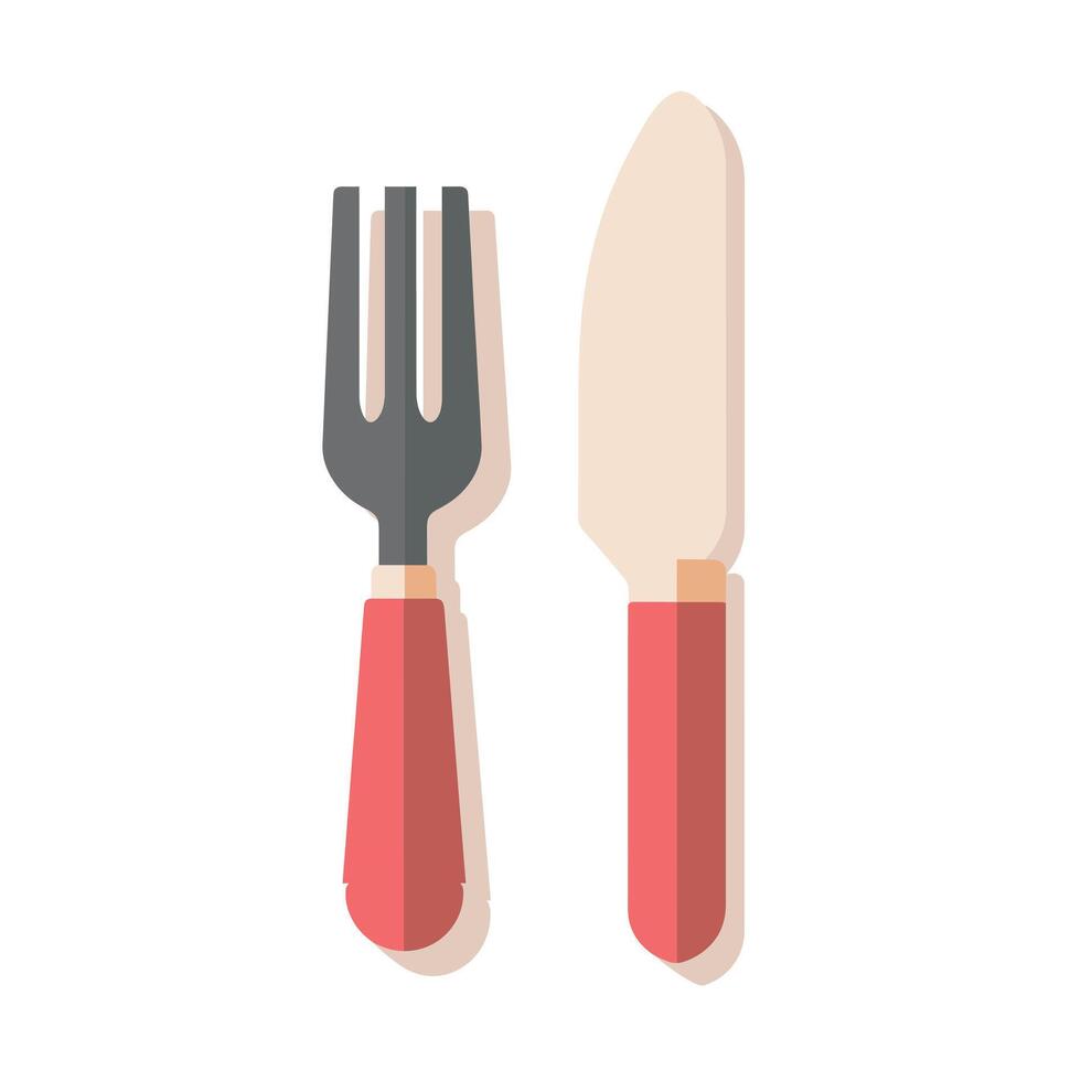 Fork and knife set with red handles displayed on a white background for dining preparation vector