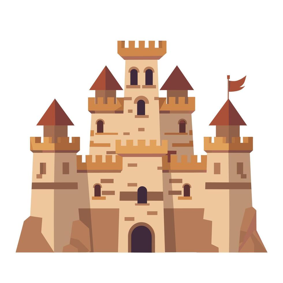 Large medieval castle with towers and flags under a clear sky vector