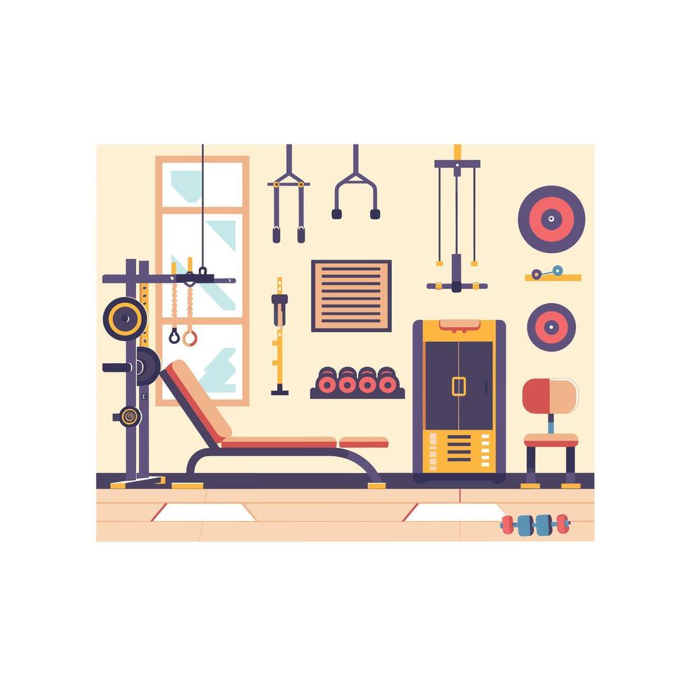 Home gym setup with various workout equipment and bright walls for fitness enthusiasts vector