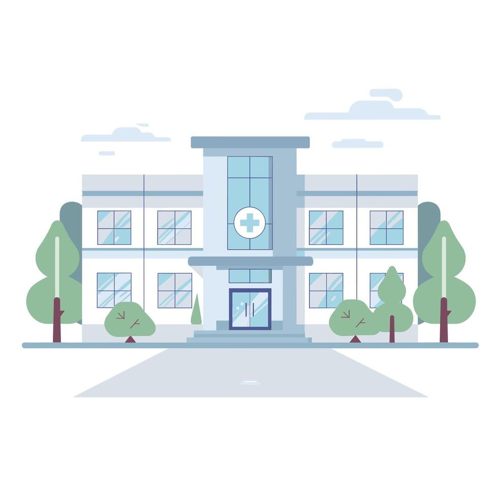 Modern hospital building surrounded by trees and greenery in a serene environment vector