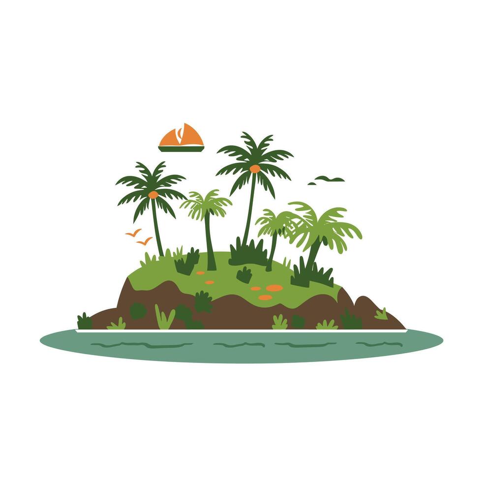 Tropical island with palm trees and sunset over tranquil water vector
