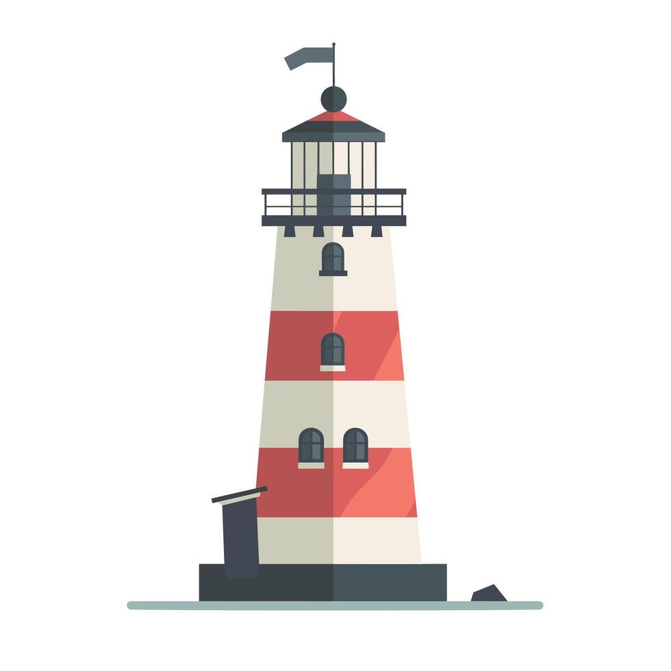 Bright red and white striped lighthouse stands tall near the shore under clear blue sky vector