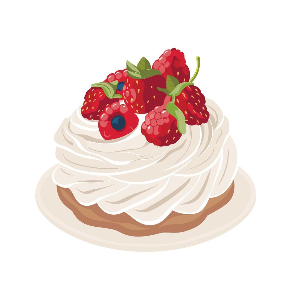 Delicious creamy dessert topped with fresh berries on a simple plate vector