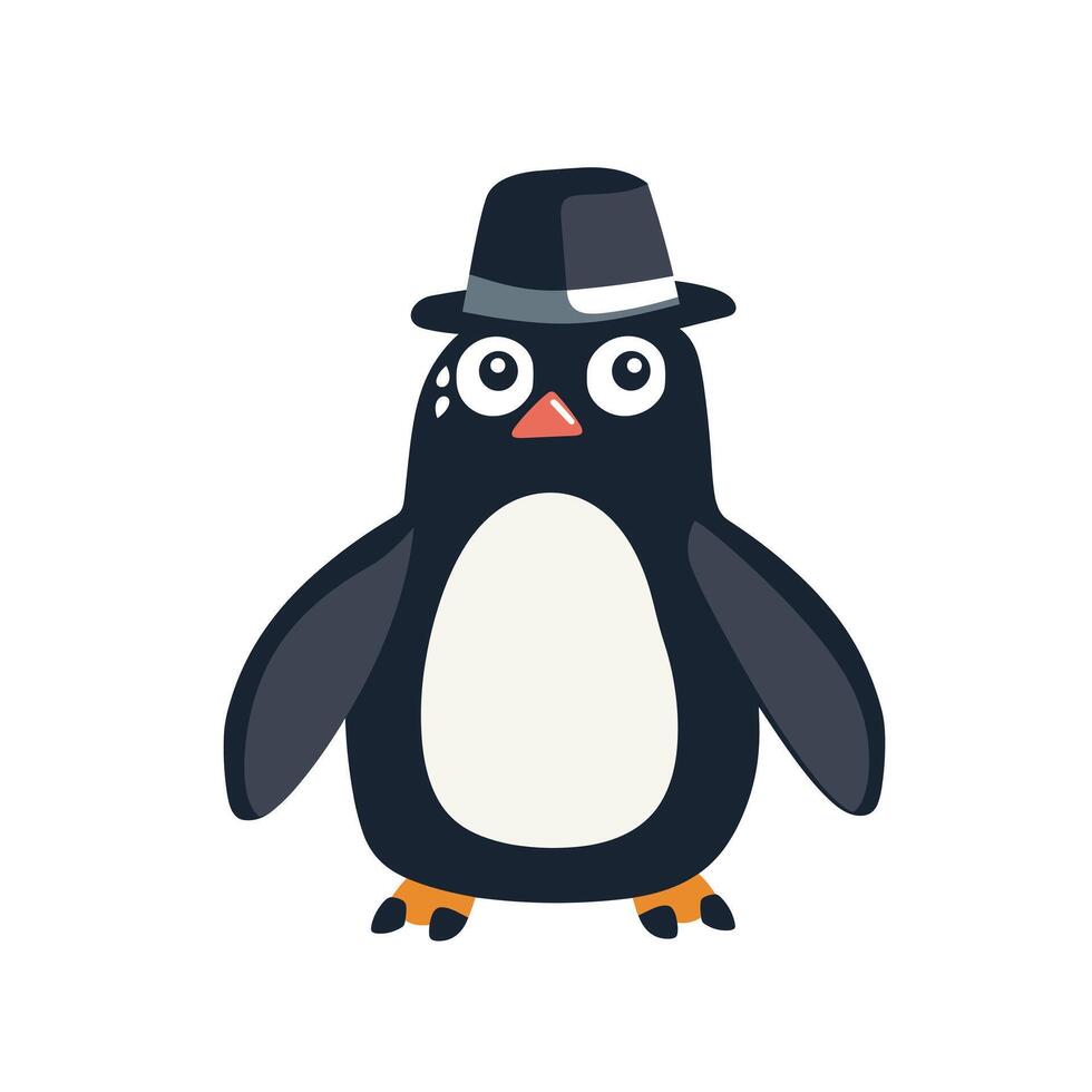 Penguin in a stylish hat showcases playful charm and whimsy in fun design vector