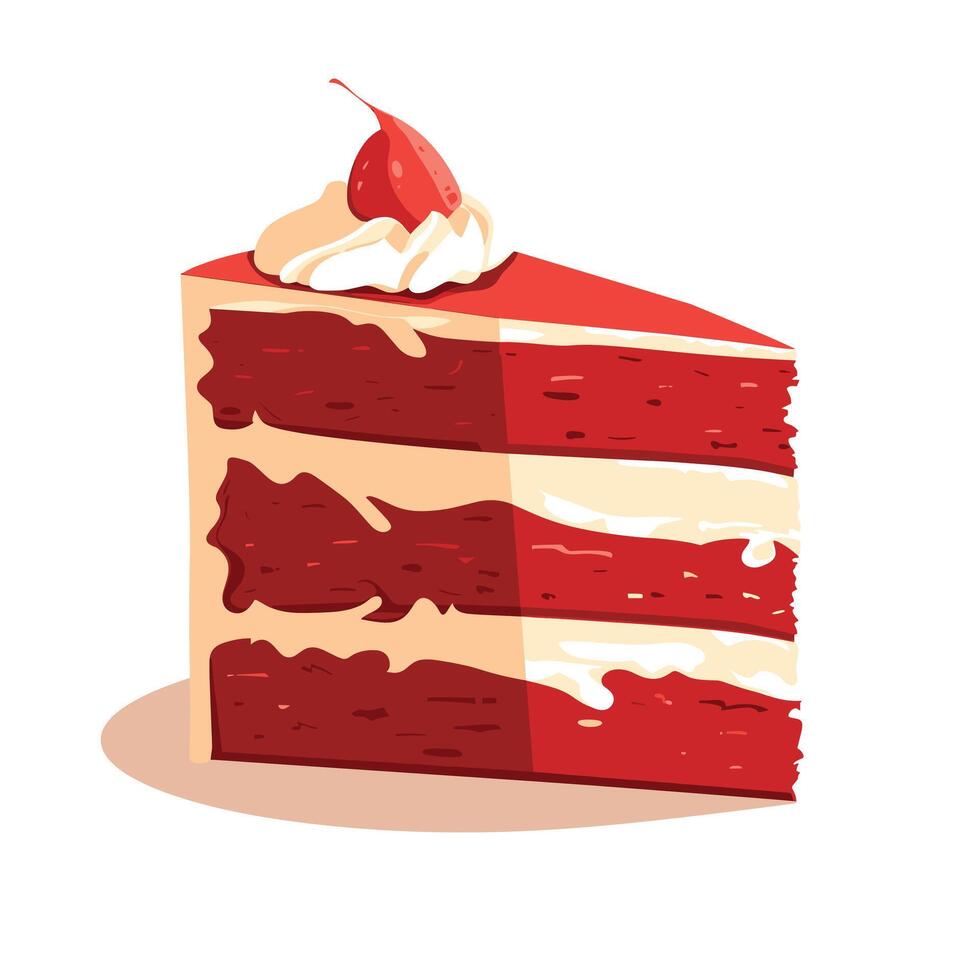 Slice of red velvet cake with cream and cherry on top displayed on a plain background vector