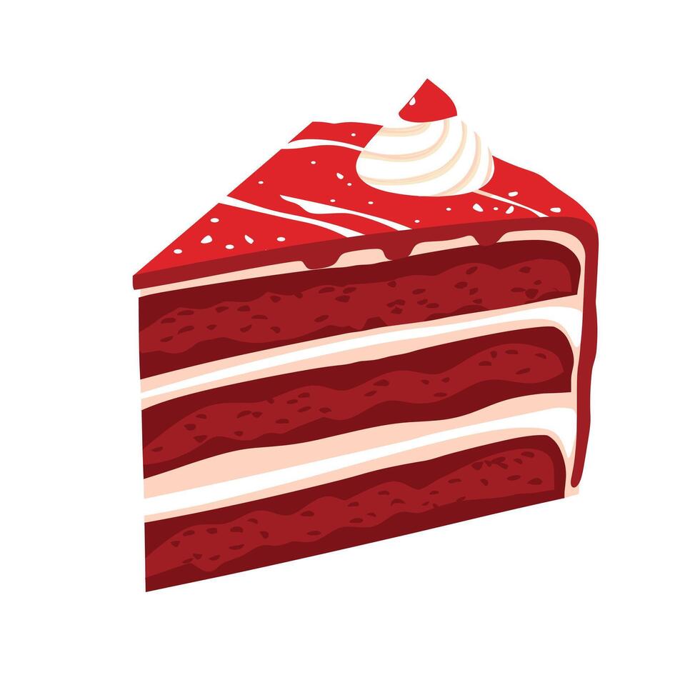 Red velvet cake slice topped with cream and cherry in a simple presentation vector