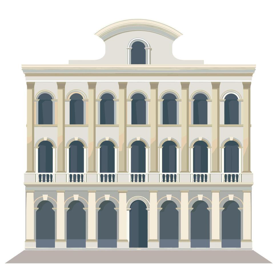 Historic building exterior with arched windows and decorative features in urban setting vector