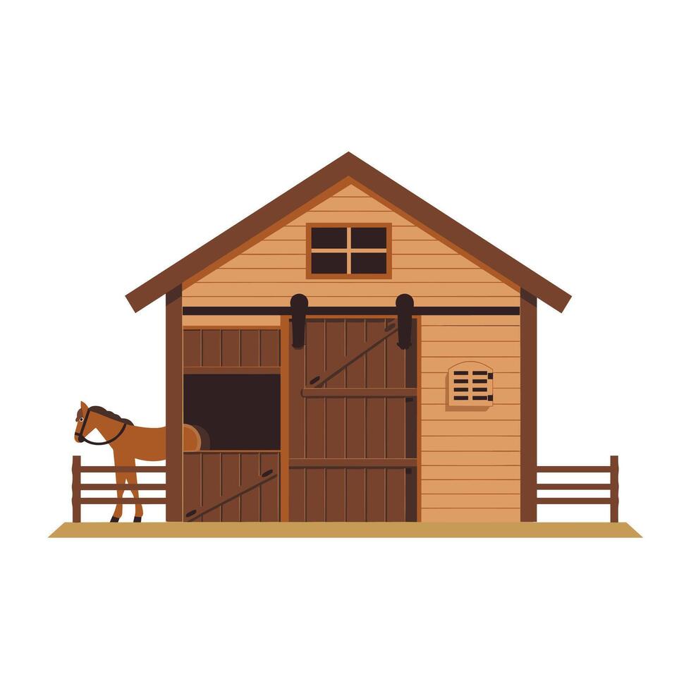 Horse stands outside a rustic barn during daylight in a serene countryside setting vector