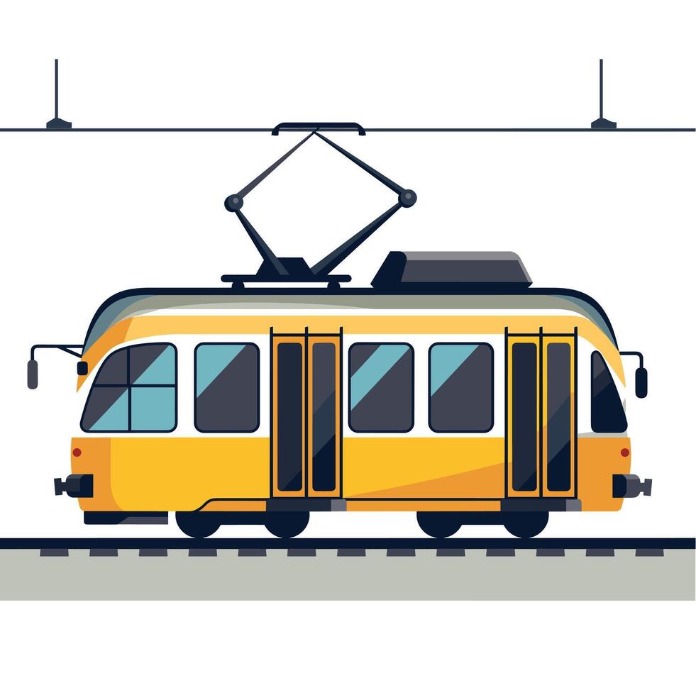 Modern yellow tram traveling on city tracks during daytime vector