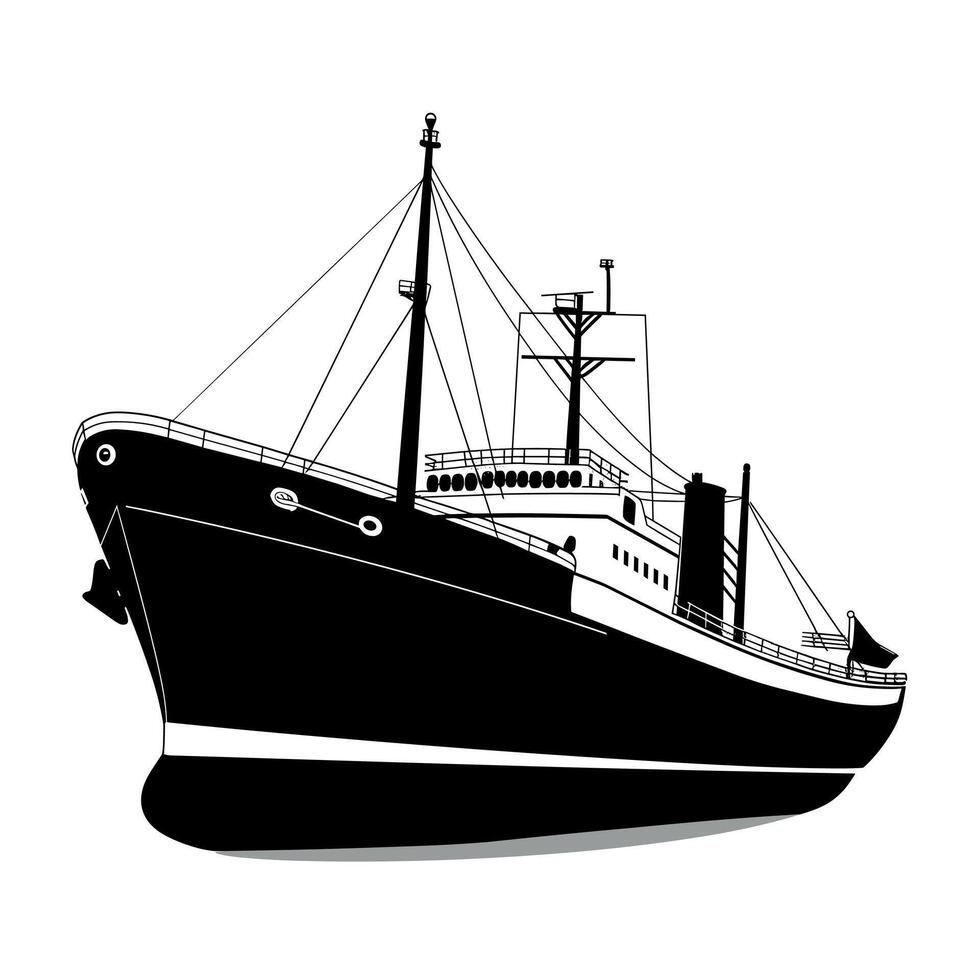 Detailed black silhouette of a vintage cargo ship navigating calm waters at dusk vector