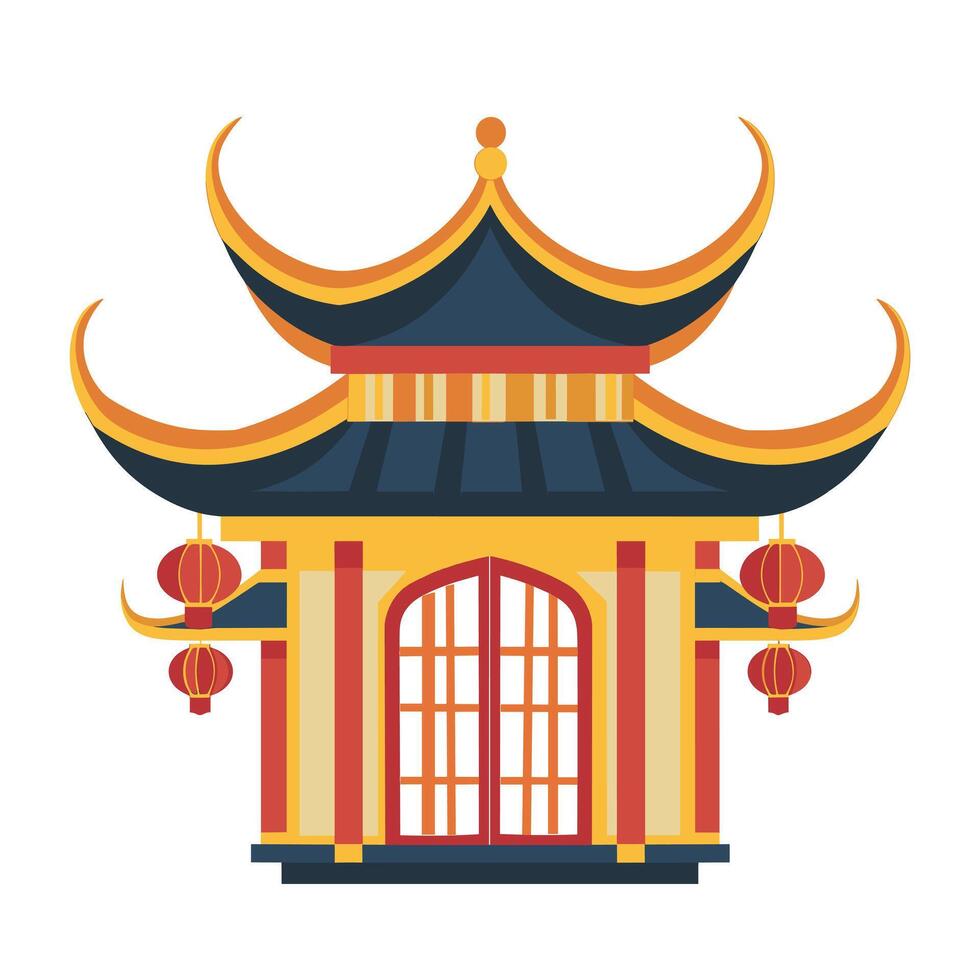 Traditional Asian temple with ornate roof and lanterns in a stylized design vector