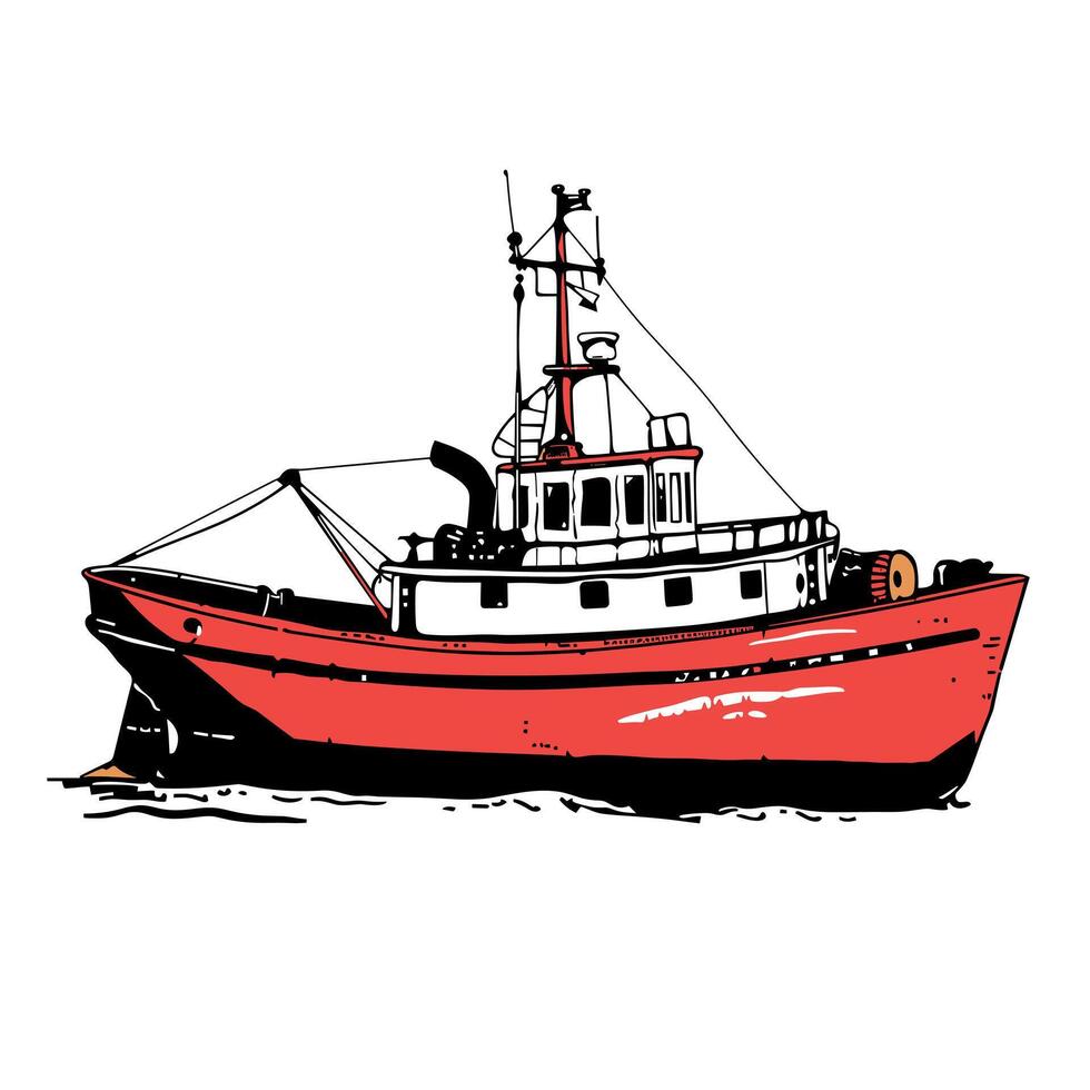 Vintage red tugboat in calm waters showcasing maritime charm and classic design vector