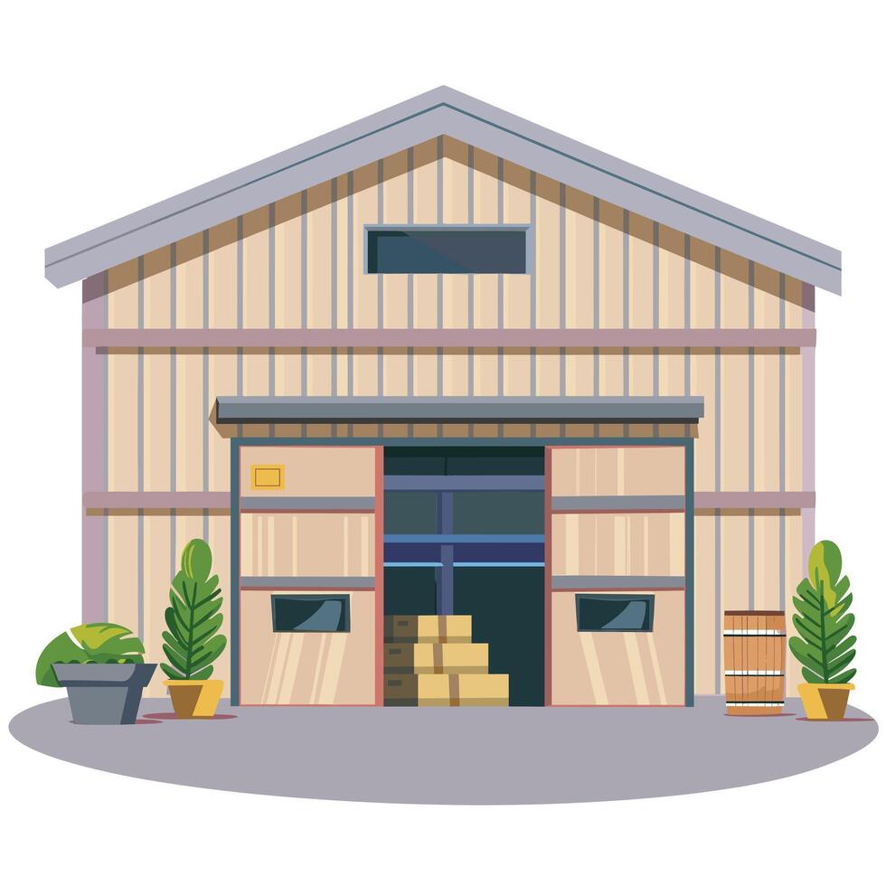 Wooden storage building with plants and cargo outside during daylight vector