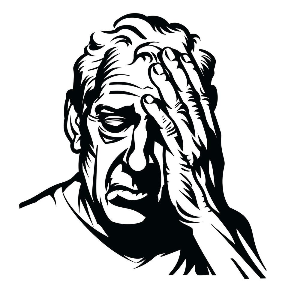 Struggling man expresses deep sadness and frustration in a black and white illustration vector
