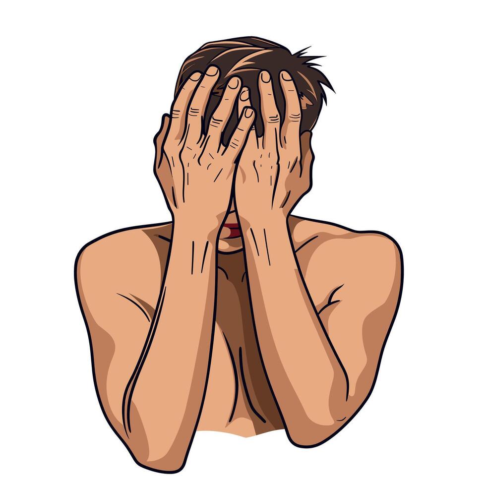 Man with hands covering his face expressing frustration and despair in a symbolic representation vector