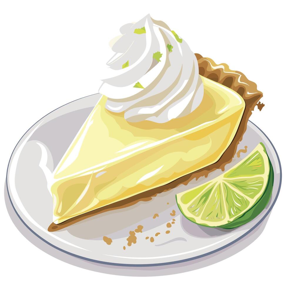 Delicious slice of key lime pie with whipped cream and lime garnish on a white plate vector