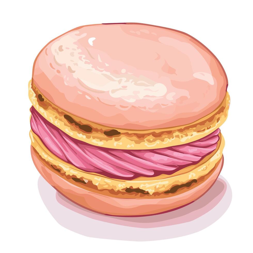 Delicious pink macaroon with fruity filling displayed on a clean surface vector