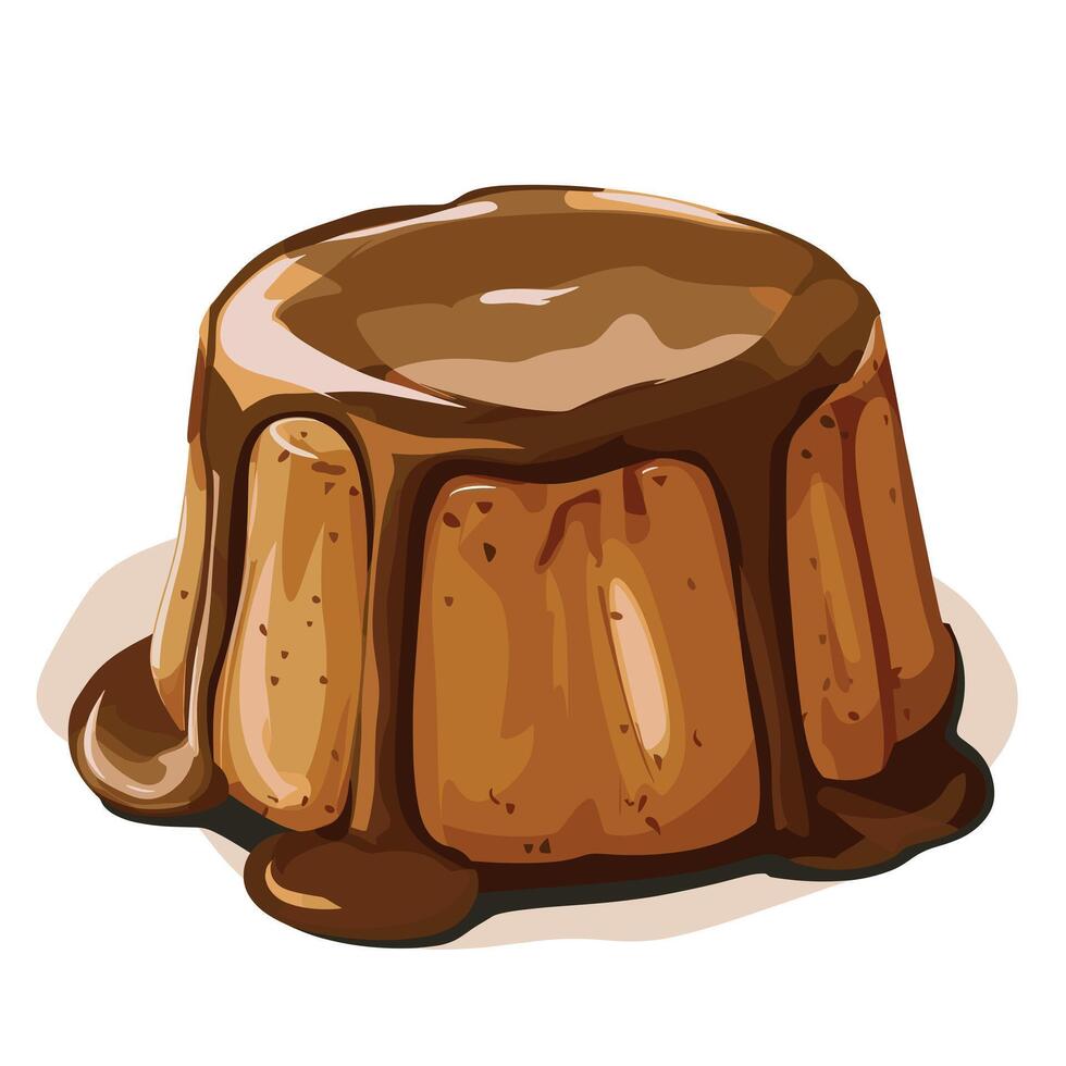Delicious chocolate pudding dessert topped with rich sauce on a plate vector