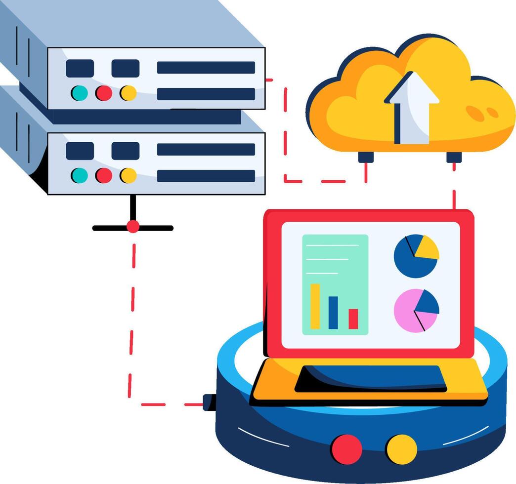 A laptop and a server are connected to each other vector