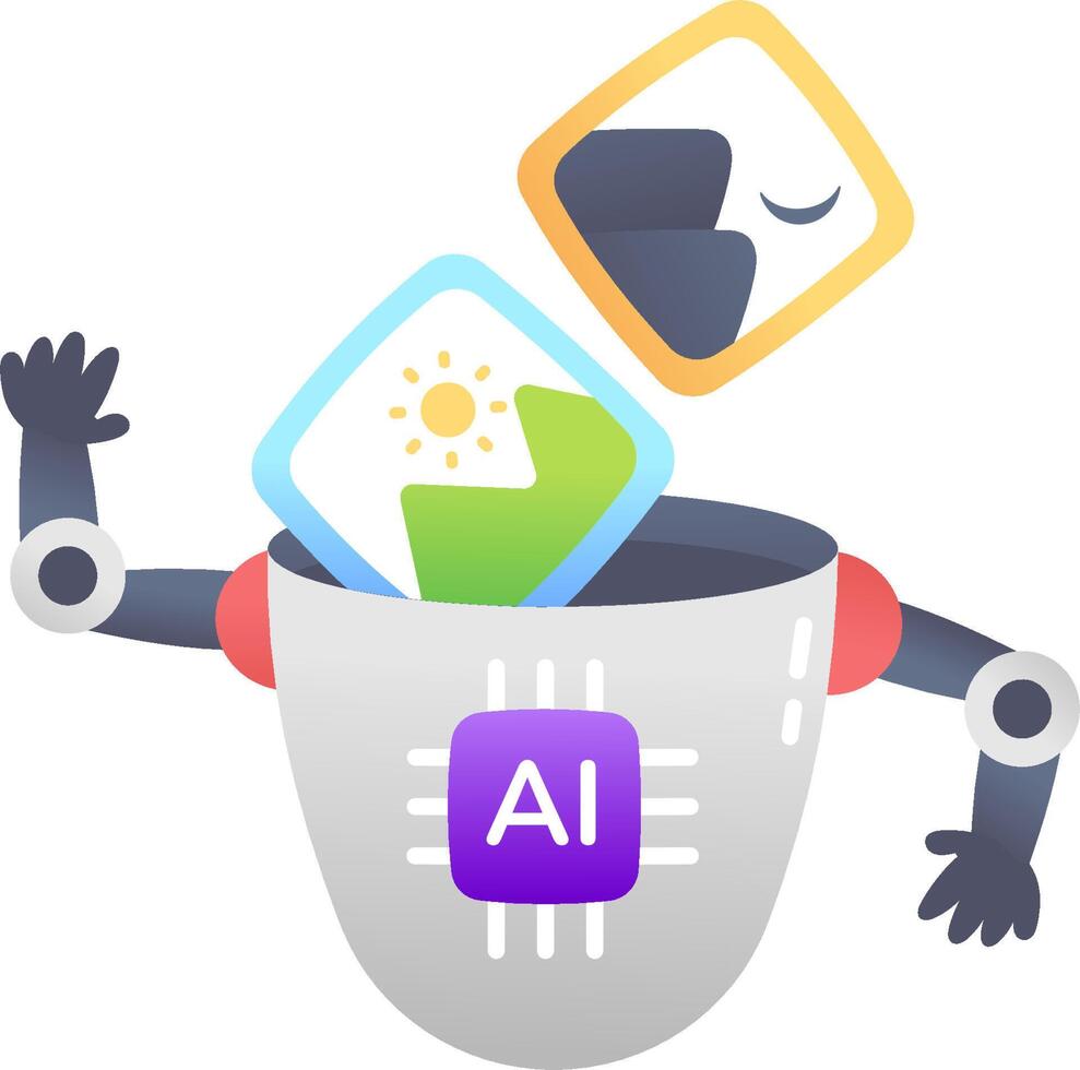 A robot with an ai icon and a file in a trash can vector