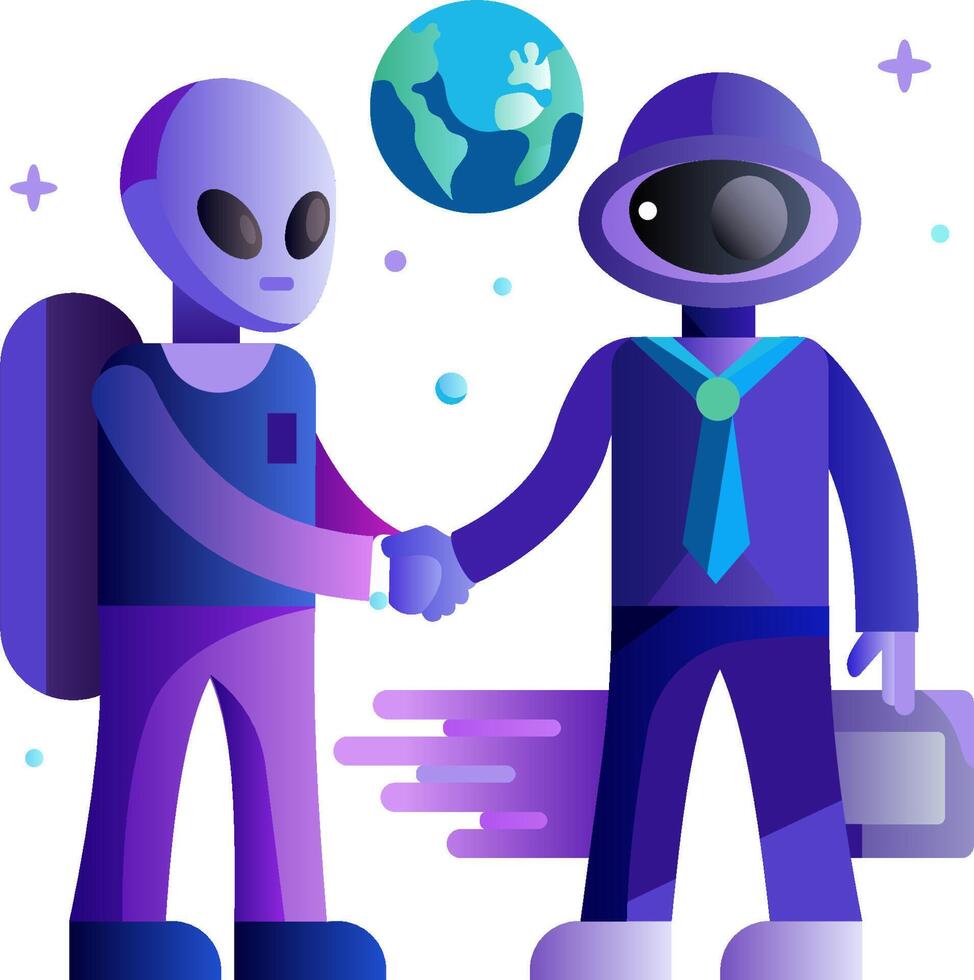 Two aliens shaking hands with a planet in the background vector